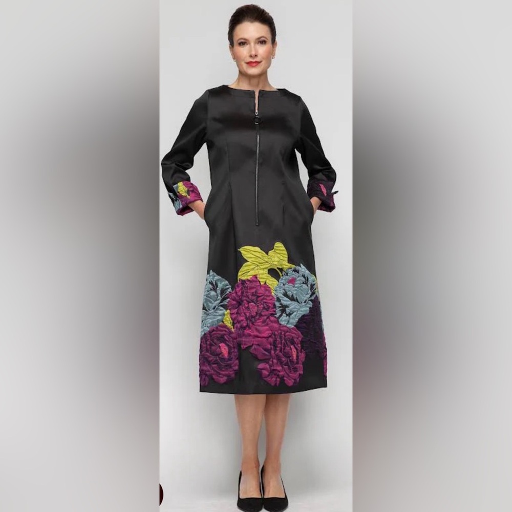 IC COLLECTION Black Dress with Colorful Floral Design